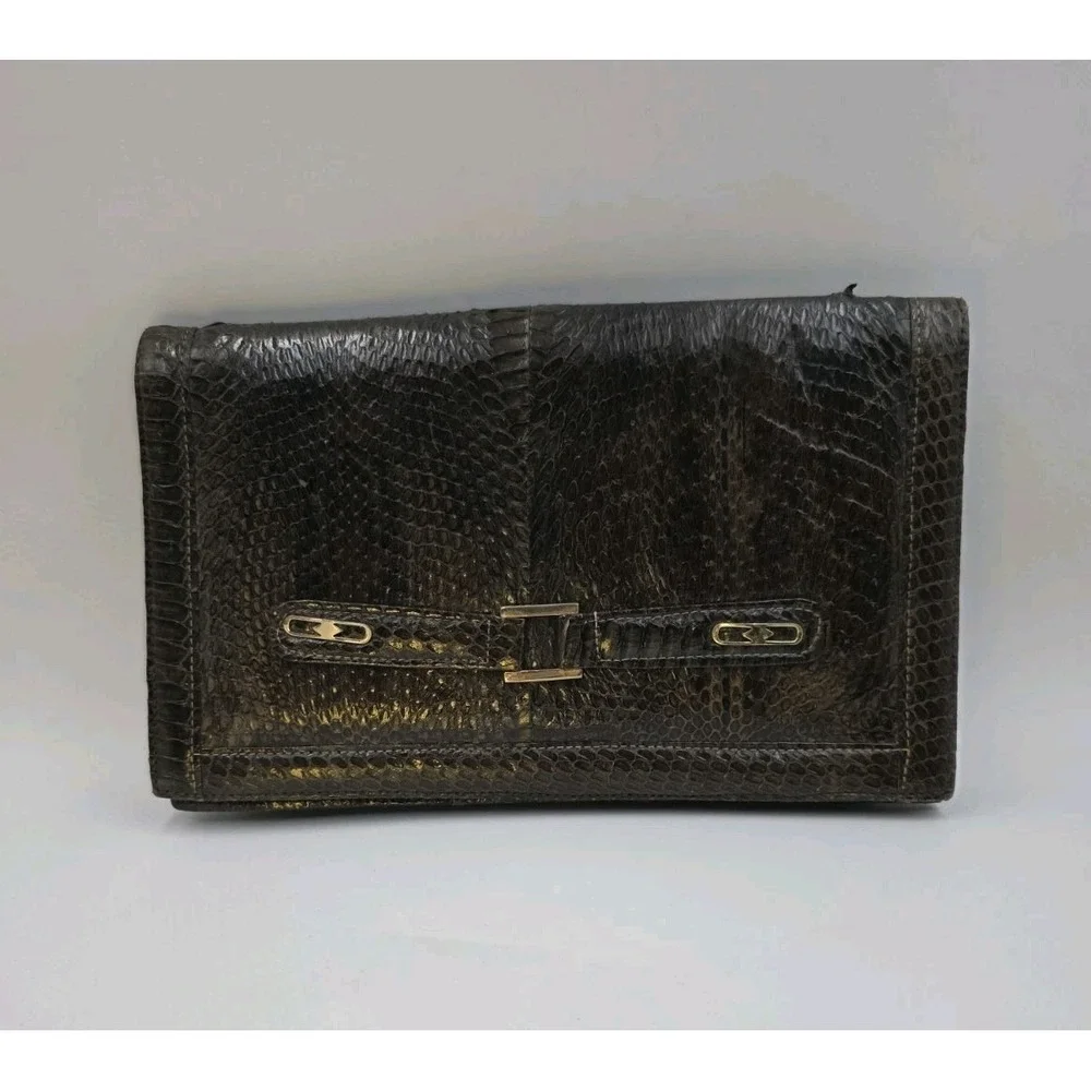 VTG Genuine Snakeskin Clutch Purse 11x6.5 Dark Brown Suede Lined Evening Bag MCM